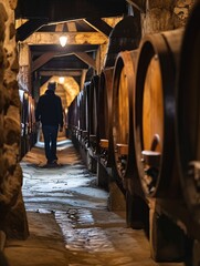 A youthful traveler strolls through ancient wooden casks filled with wine in a French cellar.