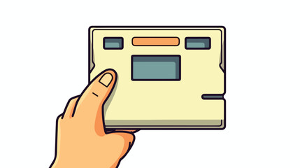 Hand with floppy disk retro icon. Freehand draw cartoon.