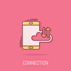 Smartphone with cloud icon in comic style. Phone network storage cartoon vector illustration on isolated background. Online backup splash effect business concept.