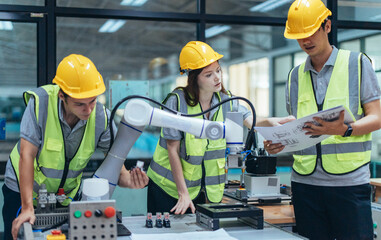 Trainees programing robotic arm in practical lesson at robotics academy, focusing on hands-on skills