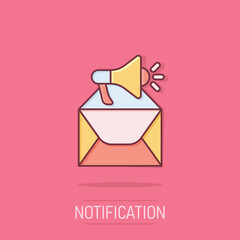 Envelope notification icon in comic style. Email with speaker cartoon vector illustration on isolated background. Receive mail message splash effect business concept.