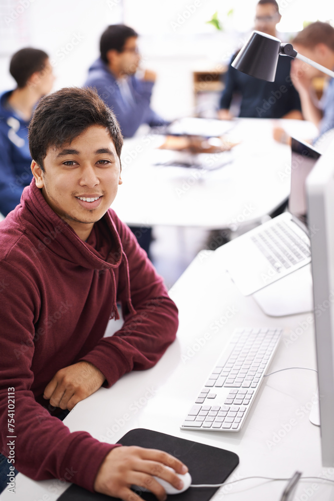 Poster Computer, programmer and portrait of man with smile, software and update of information technology. Coder, employee and male person typing on keyboard for test of creativity in application of office