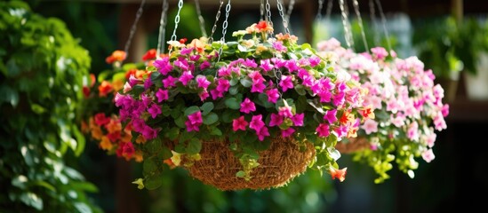 Obraz premium A hanging basket bursting with a variety of vibrant flowers, showcasing a riot of colors such as red, yellow, pink, purple, and white. The flowers are in full bloom,