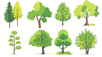 Fototapeta premium Cartoon trees set isolated on a white background. Simple modern style. Cute green plants, forest,