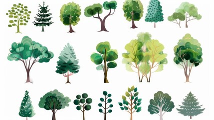 Cartoon trees set isolated on a white background. Simple modern style. Cute green plants, forest,