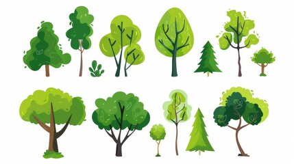 Cartoon trees set isolated on a white background. Simple modern style. Cute green plants, forest,