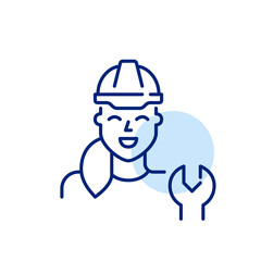Fototapeta premium Woman hard hat with wrench. Skilled technician in engineering and construction. Pixel perfect, editable stroke icon