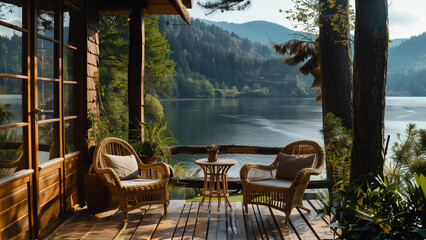 Nature’s Nook: A Veranda View of Spring Mornings by the Lake - obrazy, fototapety, plakaty