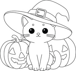 The cute cat sits in front of two Halloween pumpkins coloring page.