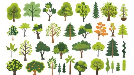 Cartoon trees set isolated on a white background. Simple modern style. Cute green plants, forest,