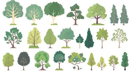 Cartoon trees set isolated on a white background. Simple modern style. Cute green plants, forest,