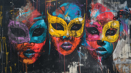 Obraz premium Colorful masked faces on dark backdrop.