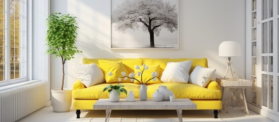 A living room designed in a stylish Scandinavian interior style, featuring a variety of furniture pieces including a yellow sofa, chairs, coffee table, and a painting hanging on the wall.