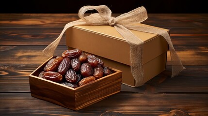 Traditional ramadan celebration: exquisite gift box laden with dried dates on rustic wooden table

