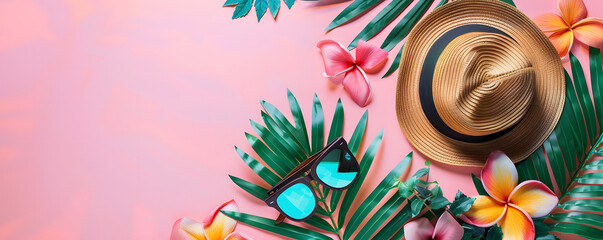 Top view flat lay of a summer background featuring starfish, oranges, beach hat, glasses, and palm leaves. A pink summer composition with space for copy or text.