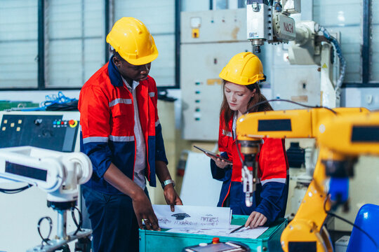 Trainees programing robotic arm in practical lesson at robotics academy, focusing on hands-on skills