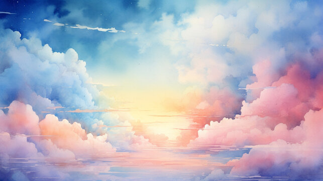 Watercolor dark cloudy sky blue yellow pink pastel colorful sunny day