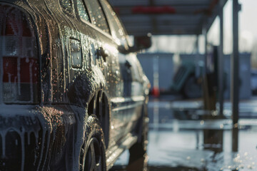 Car lathered with soapy water at carwash. - obrazy, fototapety, plakaty