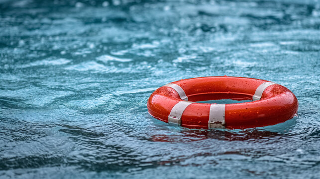 Red lifebuoy adrift on textured blue water.