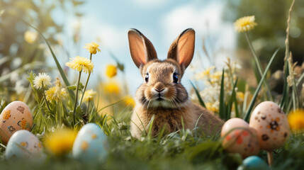 A dawdling Easter bunny with eggs sitting in the meadow, Generative AI - 754104303