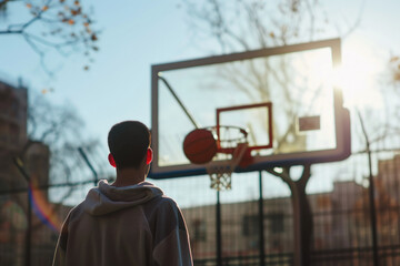 Backside view of a person watching a basketball miss the hoop.