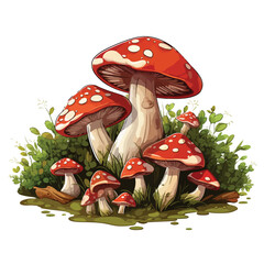 A cluster of mushrooms in a fairy ring. Vector clipart.