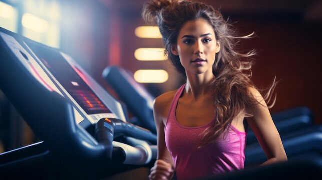 Horizontal photo of a beautiful young woman exercising, running on a treadmill, doing exercises in the gym. Sports, Fitness, Workouts, Healthy lifestyle concepts.