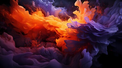 Vibrant orange and cosmic purple liquids colliding with explosive force, forming a visually captivating and intense abstract composition - obrazy, fototapety, plakaty