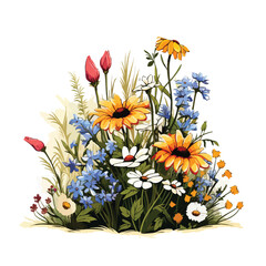 A cluster of wildflowers in a field. Vector clipart