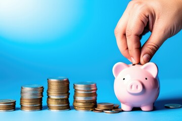 A hand is putting coins into a pink piggy bank