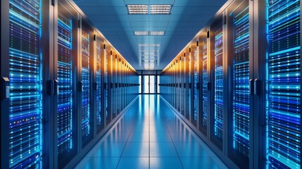 A sleek, high-tech data center bustling with the activity of cloud computing and cloud services - obrazy, fototapety, plakaty