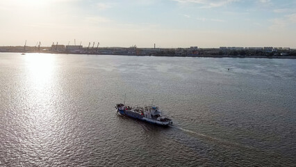 Astrakhan, Russia. The ship is sailing along the Volga River. Summer, Aerial View