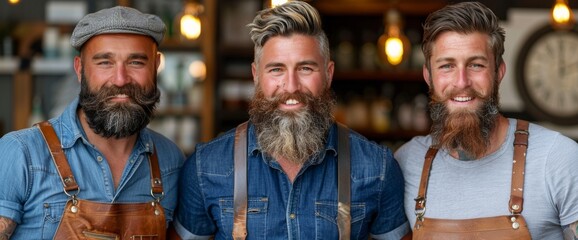 Three Men With Beards and Aprons Standing Together