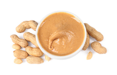 Delicious nut butter and peanuts isolated on white, top view