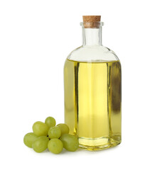 Vegetable fats. Bottle of cooking oil and fresh grapes isolated on white