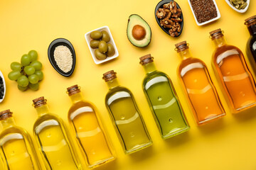Vegetable fats. Different oils in glass bottles and ingredients on yellow table, flat lay