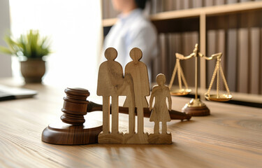 A family and the gavel of a curvilinear lawyer, with paper people on the desk
