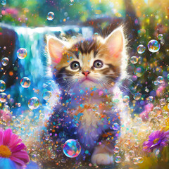 A bizarre and charming scene with a little kitten surrounded by a delightful explosion of soap bubbles