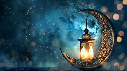 Islamic crescent moon and lantern lamp: decorative elements for ramadan kareem designs

