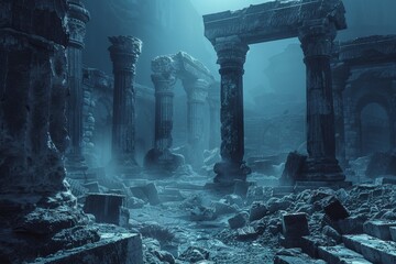 Ancient Ruins Exploration Blue Background - obrazy, fototapety, plakaty