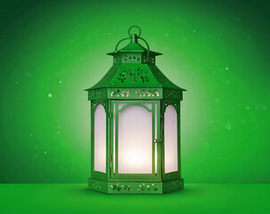 Decorative Lantern Green Blue Background. Ai generate 