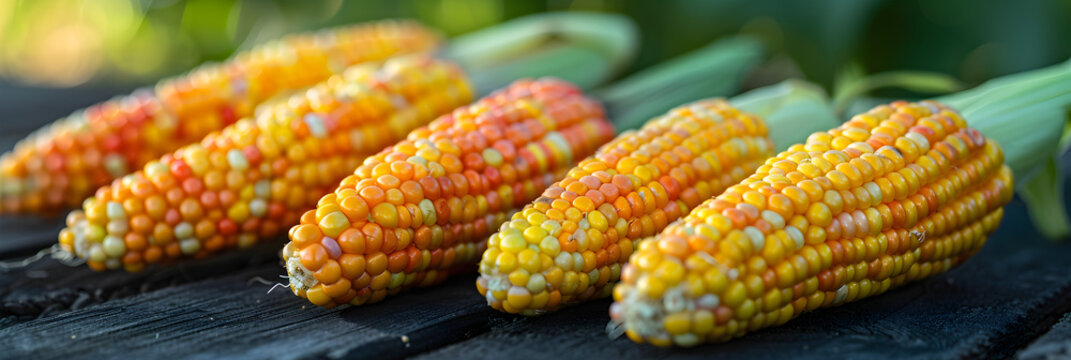 Flint Corn 3d image,
Flint corn orange color for sale at an open air farmers market stall, full background