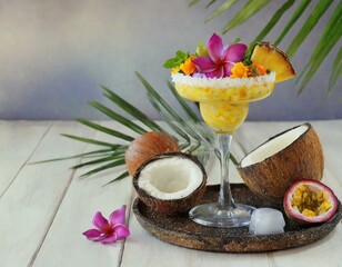 Tropical Fusion: A margarita featuring exotic fruits like mango, passion fruit, or pineapple, garnished with colorful tropical flowers and served in a coconut shell.