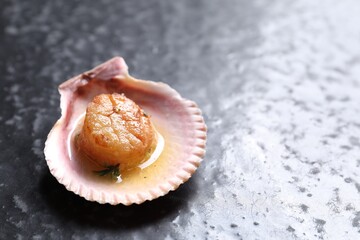 Delicious fried scallop in shell on black table. Space for text