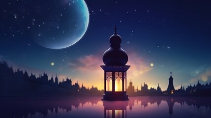 Vibrant ramadan kareem banner: mosque and lantern illuminating the night

 - obrazy, fototapety, plakaty