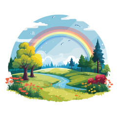 A colorful rainbow over a meadow. Vector clipart.