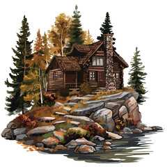 A cozy cabin in the woods. Vector clipart isolated on white background.