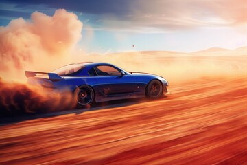 A generic sports car drifting on a desert track, kicking up a storm of dust and sand in its wake. 8k