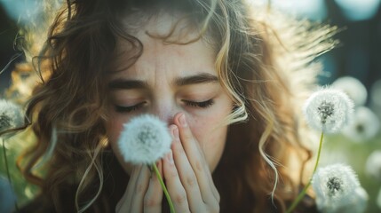 a woman sneezing into a paper tissue. allergies, hay fever, colds, Spring allergies, and getting sick concept. - obrazy, fototapety, plakaty