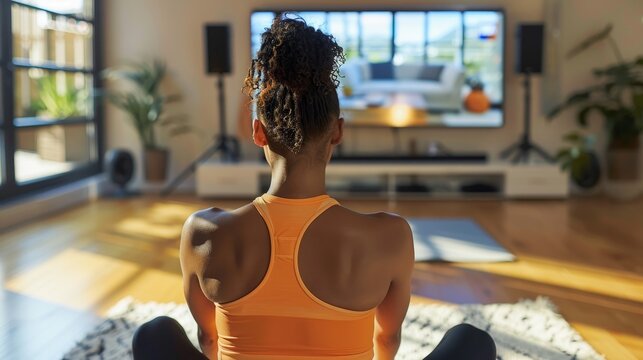 A virtual fitness class being conducted in a home environment